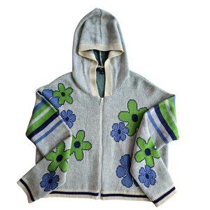 Witty Fox Womens S Floral Knit Hoodie Cardigan Jacket Blue & Green Acrylic Y2K